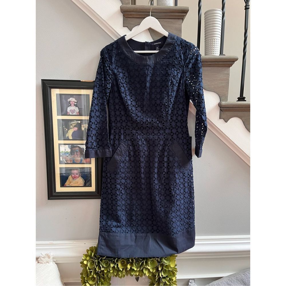 Lands’ End Navy Eyelet Long Sleeve Dress sz 6T